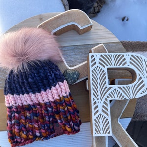 Luxury Unique one of a kind handmade 100% pure merino wool colorblock adult hat super soft with detachable faux fur pom pom ready to ship