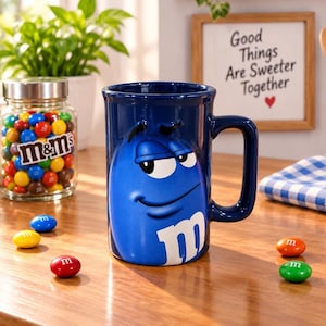 Peut inclure: Un mug en céramique bleu foncé présentant un design en relief en trois dimensions du personnage M&M bleu avec un sourire en coin, de grands yeux blancs et une lettre m minuscule blanche imprimée sur la partie inférieure avant du mug.