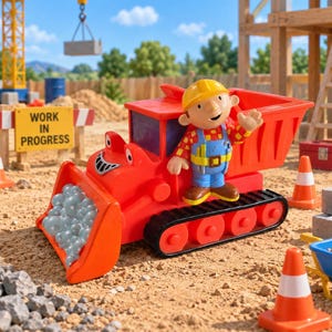May include: A bright orange toy dump truck with black treads and a smiling face on the front grill. A yellow-hatted figure in a red plaid shirt and blue overalls stands on the truck. The truck bed is filled with small, translucent grey spheres.