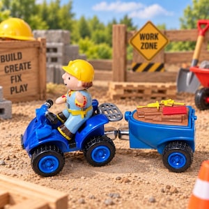 May include: A plastic toy figure wearing a yellow hard hat and blue work clothes, seated on a blue four-wheeled all-terrain vehicle. The vehicle pulls a small blue trailer loaded with brown wooden planks and a red tool, set in a construction scene.