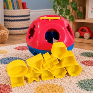 Puede incluir: Un juguete clasificador de formas esférico rojo y azul con un asa amarilla, acompañado de una colección de bloques geométricos de plástico amarillo que incluyen una estrella, círculo, triángulo y pentágono para encajar en las aberturas.