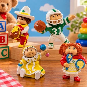 May include: Four Cabbage Patch Kids figurines: one wearing a cowboy hat on a hobby horse, one in a green football uniform with a ball, one in a yellow dress holding a rattle, and one in a red shirt and white apron holding a blue spoon and bowl.