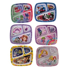 May include: Six colourful divided plates featuring popular cartoon characters. Designs include PJ Masks, Thomas the Tank Engine, Sofia the First, Trolls, Paw Patrol, and Disney Princesses. Each plate has three compartments for food.