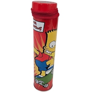 May include: Red cylindrical pencil case featuring Bart Simpson skateboarding. The case has a red zipper and top, with the words "The Simpsons" on a white rectangle. The background is red with yellow lightning bolts.