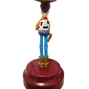 May include: A Woody action figure from the Toy Story franchise, viewed from the back. The figure wears a brown cowboy hat, a yellow plaid shirt, blue jeans, and brown boots. It stands on a maroon base.