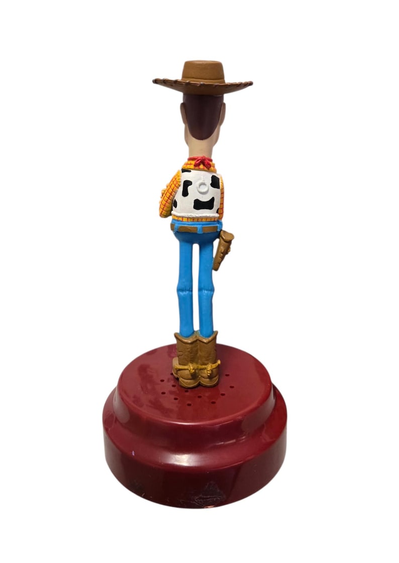 May include: A Woody action figure from the Toy Story franchise, viewed from the back. The figure wears a brown cowboy hat, a yellow plaid shirt, blue jeans, and brown boots. It stands on a maroon base.