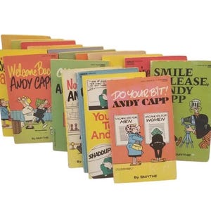 May include: A collection of vintage Andy Capp comic books. The covers are brightly colored with titles like "Welcome Back Andy Capp" and "Do Your Bit!" The illustrations feature cartoon characters and text bubbles. The books are by Smythe.