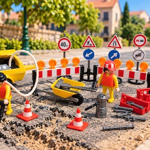 May include: A construction site playset featuring two figures in orange vests, a yellow compressor with a hose, a yellow wheelbarrow, red and white barriers, traffic cones, road signs with symbols and 40km text, and various tools.