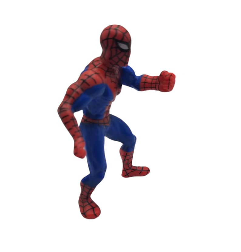 May include: A red and blue Spider-Man action figure in a dynamic pose. The figure is wearing a classic Spider-Man suit with a red mask and web pattern. The figure is in a running or jumping position.