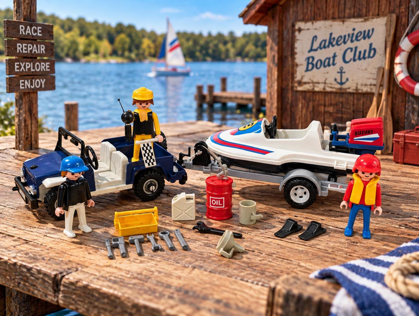 Vintage 1980's Playmobil Set #3198 – Blue Jeep & Speedboat
