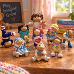 Puede incluir: Una colección de ocho pequeñas figuras de Cabbage Patch Kids en varias poses y atuendos. Una figura hace el pino, otra sostiene un cartel de corazón que dice I Love You, y otras sostienen objetos como un cono de helado o un sonajero.