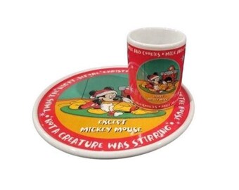 Vintage 1990's Walt Disney Mickey Mouse, Porcelain Christmas Cookie Plate and Tumbler Set