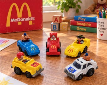 May include: Five McDonald's toy cars featuring characters including Ronald McDonald, the Hamburglar, and Officer Big Mac. The collection includes a blue sports car, a red race car, a yellow sports car, a yellow truck, and a white police car.