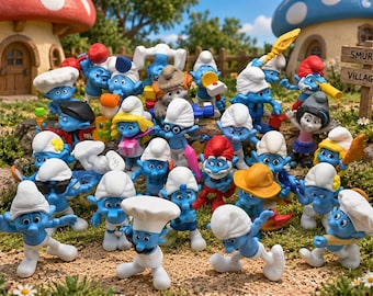 May include: A large collection of blue Smurf figurines in various poses and outfits, including chef hats, glasses, and accessories. The figures are arranged on a grassy surface in front of mushroom-shaped houses and a wooden sign reading SMURF VILLAGE.