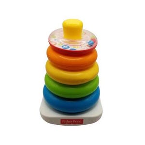 May include: A Fisher-Price stacking toy featuring a yellow top and a series of graduated rings in red, orange, yellow, green, and blue. The base is white with the Fisher-Price logo.