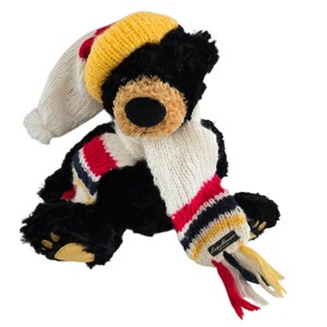 May include: A black plush bear wearing a white, red, and blue striped scarf and a knit cap with a yellow brim. The bear has a tan muzzle and yellow paw pads. The scarf has a tag that reads "Eddie Bauer".
