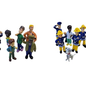 May include: A group of miniature figurines featuring firefighters in blue uniforms and yellow helmets, a Dalmatian, and other characters. The figures are set against a white backdrop, suitable for play or display.
