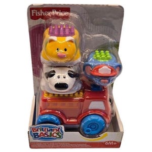Puede incluir: Juego de apilamiento Fisher-Price Brilliant Basics. El juego incluye una base de camión roja con ruedas azules, coronada por tres bloques apilables con forma de animales: un oso amarillo, una vaca blanca y negra y un monstruo azul.