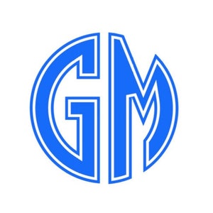Könnte beinhalten: Ein blaues Monogramm-Logo mit den Buchstaben "GM" in einem Kreis.
