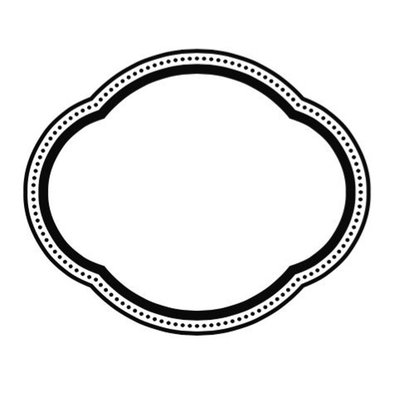 May include: A black and white decorative frame with a dotted border. The frame is oval shaped with a rounded top and bottom.