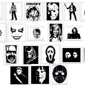 Könnte beinhalten: Schwarz-weiße Silhouettenbilder verschiedener Horrorfilmfiguren, darunter Freddy Krueger, Jason Voorhees, Michael Myers und Chucky.