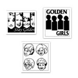 Op de afbeelding: Drie zwart-witte stickerontwerpen met de Golden Girls. De eerste sticker toont de gezichten van de vier Golden Girls met de tekst "Stay Golden". De tweede sticker toont vier silhouetten van mensen met de tekst "Golden Girls". De derde sticker toont de gezichten van de vier Golden Girls.