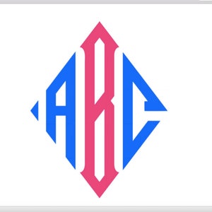May include: A monogram design with the letters A, K, and C in a diamond shape. The letters are blue and the diamond is pink.