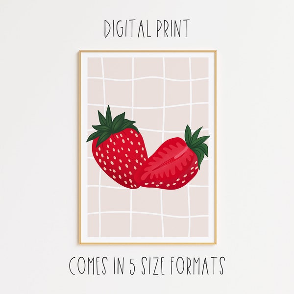 PRINTABLE Strawberry Print, Retro Wall Art, Kitchen Print, Prints for Kitchen, Retro Wall Decor, Living Room Decor, Trendy Wall Art, Digital