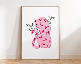 Pink Tiger Plant Print | Safari Nursery Art | Abstract Wild Cat Poster | Cat Art Print | Boho Print | Minimalist Botanical Print