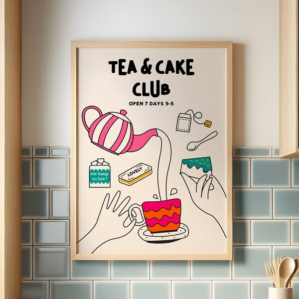 Tea and Cake Club, maximalist wall art, typography print, prints for kitchen, kitchen decor, kitchen prints, cafe art, tea lover, tea gift