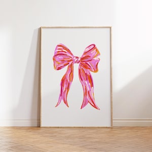 Decoración de dormitorio de niña, estampado de lazo, impresiones de arte de pared, impresiones rosas, impresiones para arte de pared, impresiones ilustradas, regalos bonitos, arte de pared rosa, sin marco