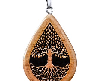Handmade Wooden Water Drop Necklace – Tree of Life Pendant, Custom Name Jewelry