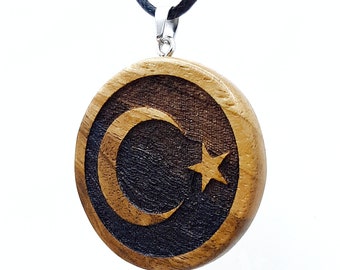 Turkey Flag Necklace, Wood Carved Moon Star Necklace, Turkish Patriotic Jewelry, Women Necklace, Men Necklace, Gift for Her, Gift for Him