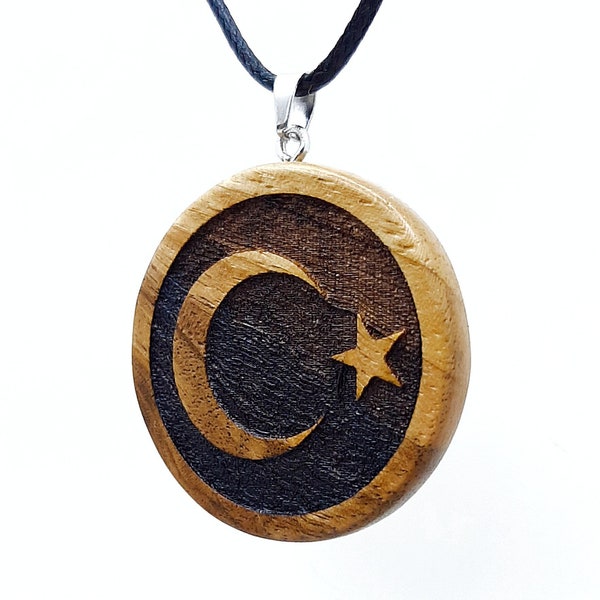 Turkey Flag Necklace, Wood Carved Moon Star Necklace, Turkish Patriotic Jewelry, Women Necklace, Men Necklace, Gift for Her, Gift for Him