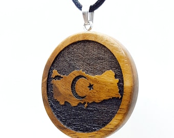 Turkey Map Flag Necklace Wood Carved Turkey Country Pendant Turkish Patriotic Jewelry Women Necklace Men Necklace Gift for Her Gift for Him