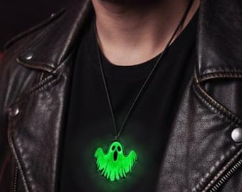 Personalized Glow in the Dark Ghost Necklace: Handpainted Wooden Pendant for Halloween - Unique Gift for Her and Him