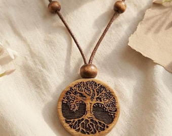 Handmade Wood Beaded Tree of Life Necklace - Personalized Yggdrasil Celtic World Tree Pendant - Custom Birthday & 5th Anniversary Gift