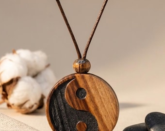 Handmade Wooden Yin Yang Pendant, Personalized Ying Yang Wood Bead Necklace, Tai Chi Taoist Jewelry, Custom Boho Gift