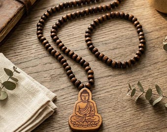 Handmade Wood Beaded Buddha Necklace and Bracelet Set, Personalized Yoga Gifts for Men and Women, Buddhism Jewelry for Men and Women