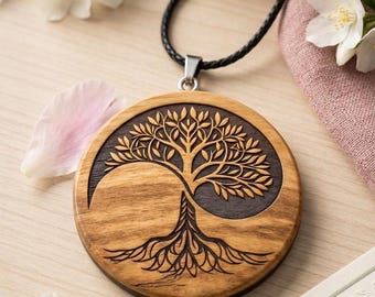 Handmade Wooden Tree of Life Yin Yang Women Necklace - Spiritual Boho Yoga Meditation Jewelry - Personalized 5th Anniversary & Birthday Gift
