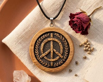 Handmade Wooden Peace Sign Necklace, Personalized Peace Symbol Pendant, 70s Hippie Jewelry, Eco Friendly Bohemian Gift for Men and Women