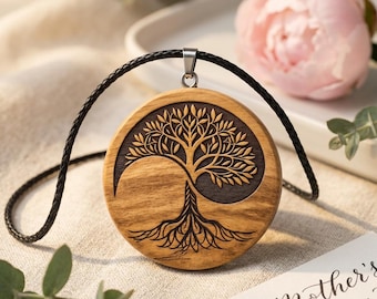 Wooden Tree of Life Yin Yang Necklace Boho Yoga Jewelry Personalized 5th Anniversary Gift