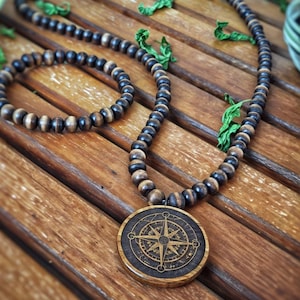 Wooden Beaded Compass Necklace and Bead Bracelet Set, Wood Bead Necklace, Handmade Boho Jewelry, Traveler Gift for Him, Graduation Gift