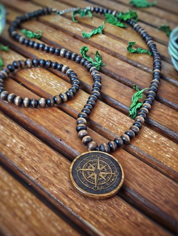 Wooden Beaded Compass Necklace and Bead Bracelet Set, Wood Bead