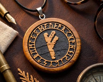 Handmade Wooden Runes Necklace, Personalized Elder Futhark Pendant, Viking Norse Pagan Jewelry Birthday Gift, Viking Runes Runes Bois