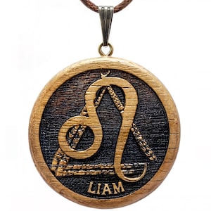 Personalized Handmade Wooden Leo Necklace With Name, Leo Zodiac Sign Necklace, Birthday Gift, Astrology Gift, Gift for Girlfriend Boyfriend