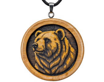 Personalized Wooden Bear Pendant, Mama Bear & Papa Bear Necklace, Bear Spirit Jewelry, Birthday Graduation 5th Anniversary Gift for Her Him