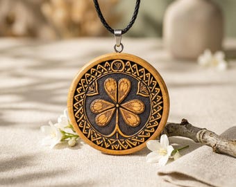 Handmade Wooden Clover Necklace, Personalized Irish Shamrock Pendant, Celtic Anniversary Gift for Wife, Four Leaf Clover Good Luck Talisman