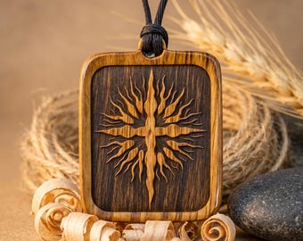 Handmade Wooden Celtic Sun Cross Necklace, Solar Cross Pendant, Pagan Witch 5th Anniversary Gift
