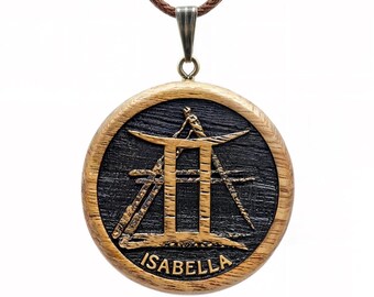 Personalized Wooden Gemini Necklace, Handmade Zodiac Astrology Gift